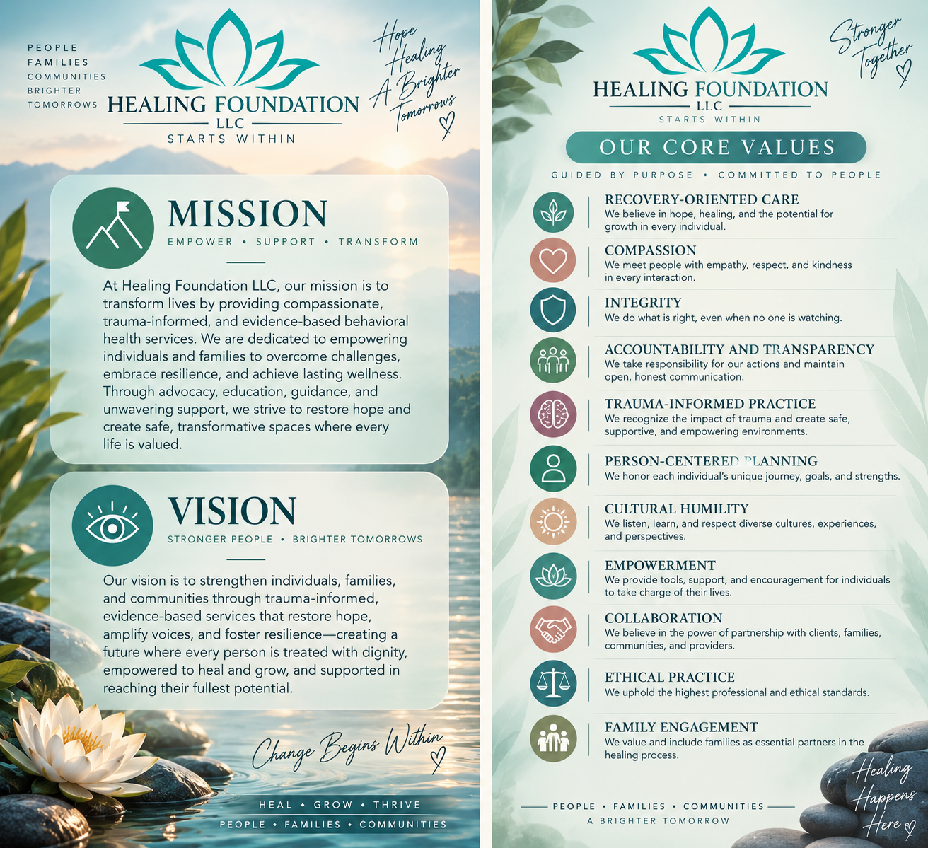 Healing Foundation LLC mission, vision and core values